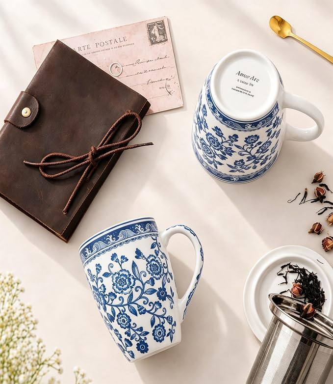 AmorArc Tea Cup With Infuser and Lid, 18oz Loose Leaf Tea Mug With Steeper | Porcelain Tea Mug With Infuser and Lid, Strainer Tea Cup for Tea Lovers, Home & Office, Housewarming Birthday Gift