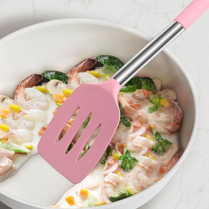 LIANYU Silicone Kitchen Utensils, 6 Pcs Cooking Utensils Spatula Set, Pink | Slotted Turner, Spoon, Soup Ladle, Pasta Server, Skimmer, Tongs for Nonstick Cookware, Heat Resistant, Stainless Steel Handle