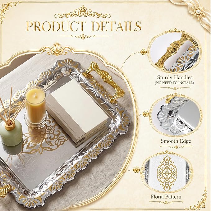 3 Pack Metal Serving Trays with Handles, Decorative Floral Platter Trays for Coffee Tea, Food, Dessert, Jewelry, for Buffet Wedding Party Kitchen Home Decor(Classic,Silver, Gold)