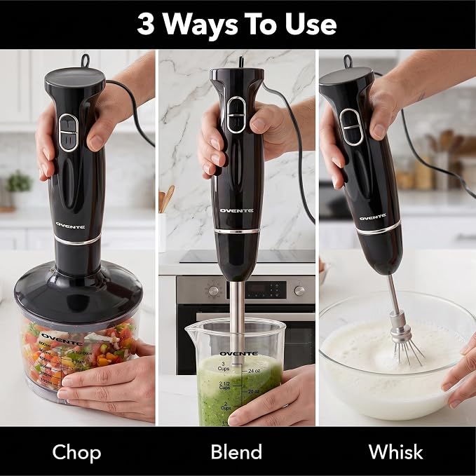 OVENTE Electric Hand Blender Set with 2 Mixing Speeds, 300W Black HS565B | Corded Immersion Handheld Stick Mixer with Stainless Steel Blades, Egg Whisk, Beaker & BPA-Free Food Chopper