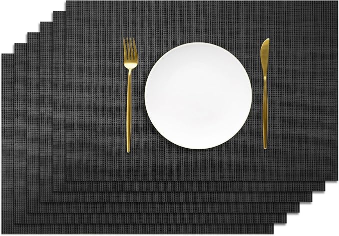 AUAUY Placemats Set of 6 Washable, Non-Slip Heat Resistant Table Mat, Black | 6pcs PVC Vinyl Woven Table Placemats Wipeable for Kitchen Dinning Restaurant, Farmhouse
