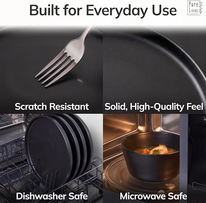 16 Piece Black Dinnerware Set for 4 | Matte Black Plates and Bowls Sets, Modern Stoneware Black Dishes Set | Scratch Resistant, Dishwasher & Microwave Safe | Matte Black Finish Ultra-Chic & Modern