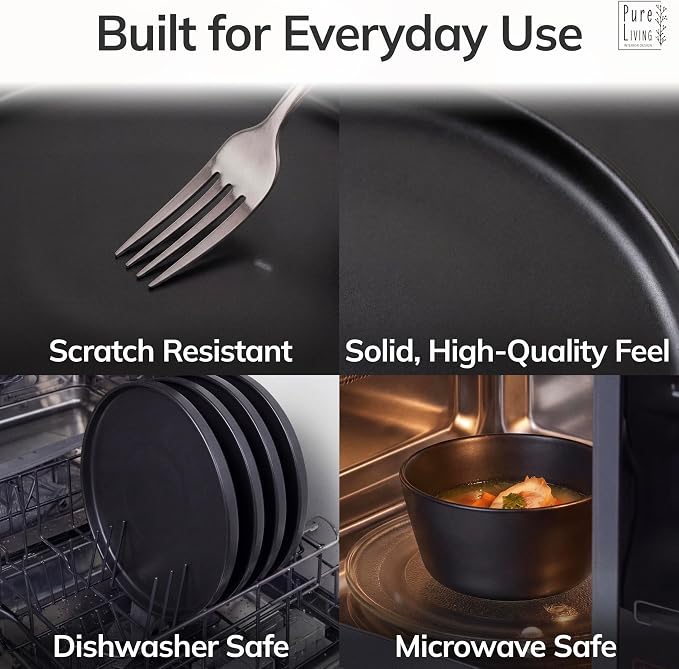 24 Piece Black Dinnerware Set for 8 | Matte Black Plates and Bowls Sets, Modern Stoneware Black Dishes Set | Scratch Resistant, Dishwasher & Microwave Safe | Matte Black Finish Ultra-Chic & Modern