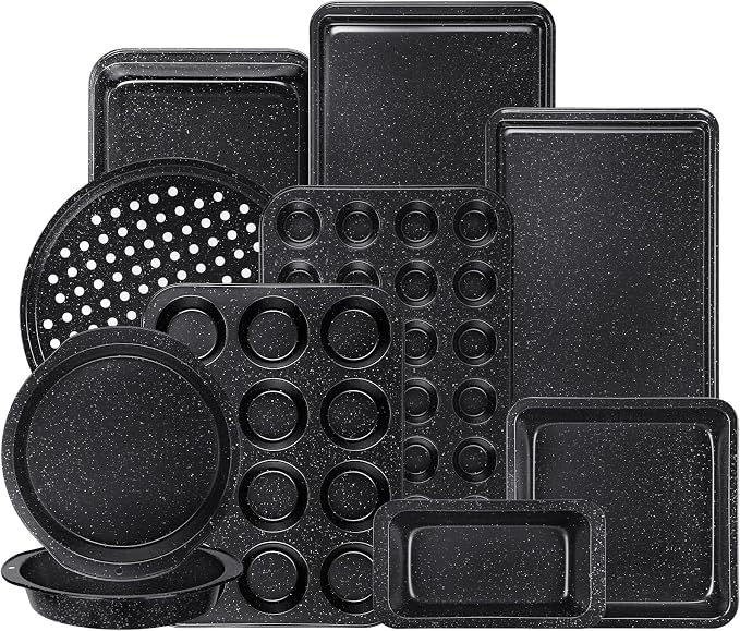 Terlulu 10-Piece Baking Pans Set, Bakeware Sets Nonstick, Baking Set for Oven Cooking, Stackable Carbon Steel Set Include Cookie Sheets, Muffin Pan, Cake Pan, Pizza Pan, Loaf Pan, Roasting Pan, Black