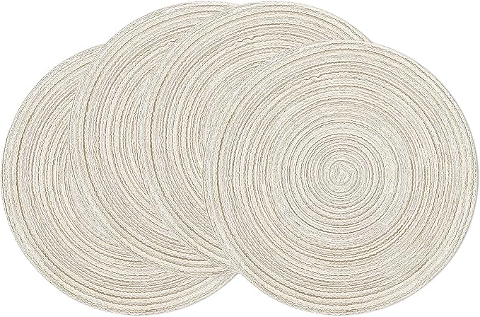 SHACOS Round Braided Placemats Set of 4 Washable Table Placemats Cotton Polyester Place Mats 15 inch Circle Table Mats for Holiday Party (Ivory, 4)