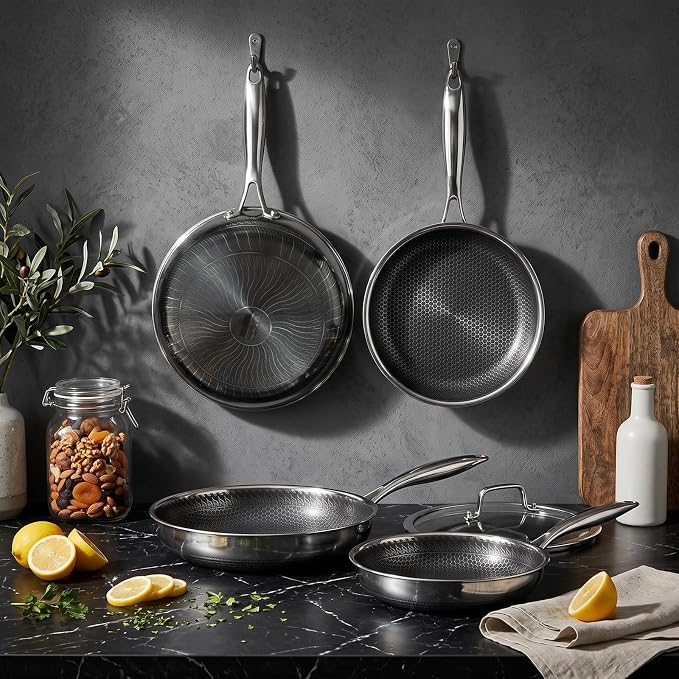 12 Inch Nonstick Stainless Steel Frying Pan with Lid Honeycomb | PFAS PFOA PTFE Free, Scratch-Proof & Metal Utensil Safe, All Cooktops Compatible, Oven & Dishwasher Safe Fajita Cooking Pan
