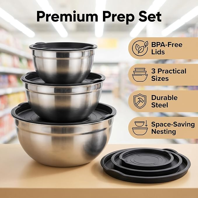 Mixing Bowls with Lids Set of 3, Stainless Steel Nesting Bowls with BPA-Free TPE Lids, 1.5/2.5/5 QT Kitchen Bowls for Baking, Salad Prep, Meal Prep, Mixing and Storage