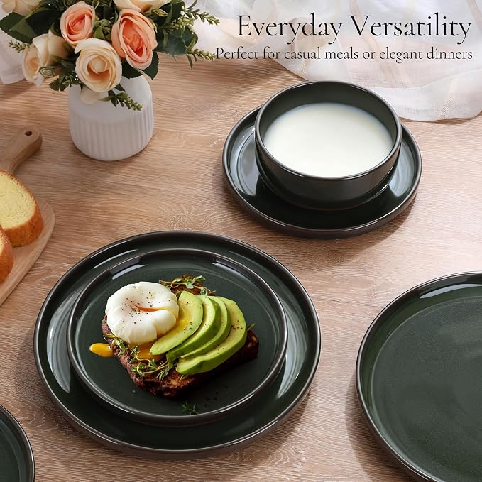 E-far Stoneware Dinnerware Sets for 4, 12 Pieces Reactive Glaze Plates and Bowls Sets, Elegant Dishes with Rustic Terracotta Base, Dishwasher & Microwave Safe, Scratch Resistant, Blackish Green