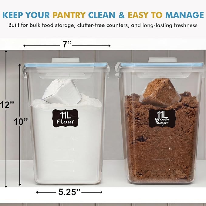 Shazo 2 PC (11L | 372 oz) Flour Sugar Storage Containers with Spout Lid & Easy Carry Handle - BPA Free Extra Large Airtight Food Storage Containers with Lids - Rice Canisters Sets for Kitchen & Pantry