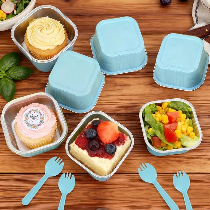 100 Pack 10oz Mini Cake Pans With Lids, Aluminum Foil Square Brownie Baking Cups,Disposable 4”x4” Large Cupcake Pan,Jumbo Muffin Tin Ramekins Holders (Light Blue)
