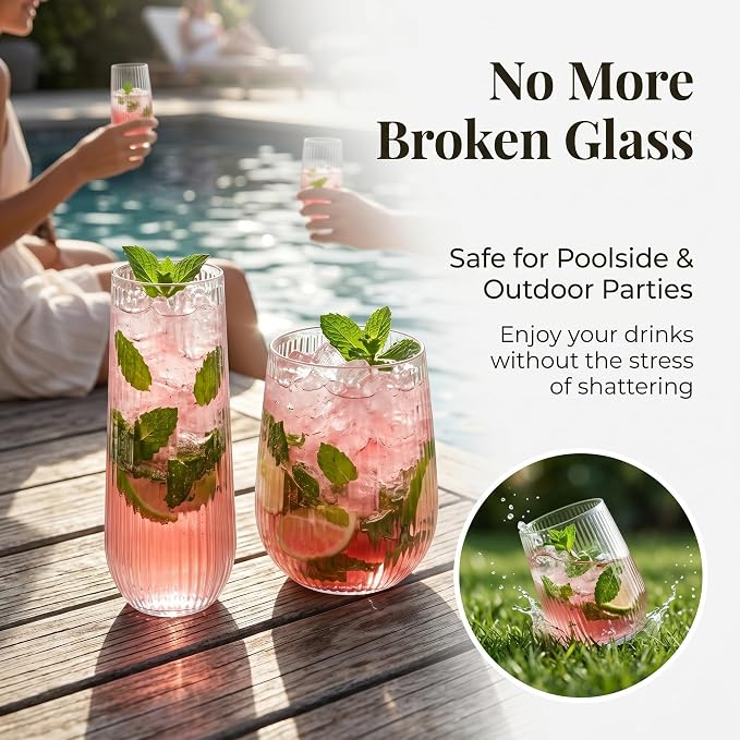 Lueumxc 48 Pack Plastic Wine Glasses Disposable Ribbed Champagne Flutes, 24 Pcs 9 OZ Stemless Champagne Flutes & 24 Pcs 15 OZ Disposable Wine Glasses, BPA-Free