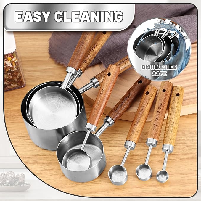 Premium Wood Handle Stainless Steel Measuring Cups and Spoons 8PCS | Food-grade, Rust-proof,Engraved Marks Never Fade,For Dry & Liquid Ingredients,Nesting Saves Space,Ideal Gift for Bakers