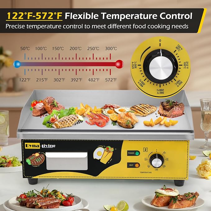 Dyna-Living Commercial Electric Griddle 22'' Stainless Steel Flat Top Grill | 3000W Countertop Flat Top Griddle Indoor Teppanyaki Grill for Restaurant, Non-Stick, Easy to Clean, 122℉-572℉ Temp Adjustable