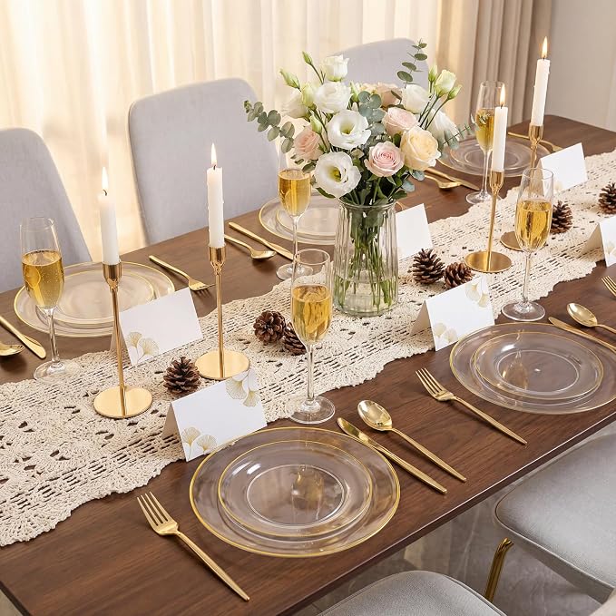 150Pcs Clear Plastic Plates,Premium Disposable Plates for Party | Clear Plates Set with Gold Rim Include 30 Dinner Plates,30 Dessert Plates, 90 plastic Silverware Set for Wedding