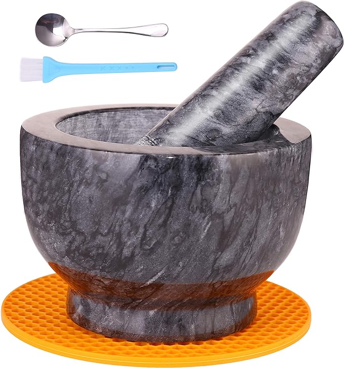 Mortar and Pestle Set, Guacamole Bowl Polished Natural Marble Stone, Grinder and Crusher, with Silicone Mat & Spoon - 300ml(Medium, Dark Gray)