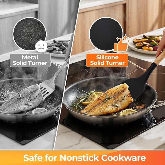 33Pcs Kitchen Utensils Set Silicone Cooking Utensils Set with Wooden Handle | Heat-Resistant, Dishwasher Safe, BPA-Free Silicone Kitchen Utensil Set with Wooden Handles & Holder for Nonstick Cookware