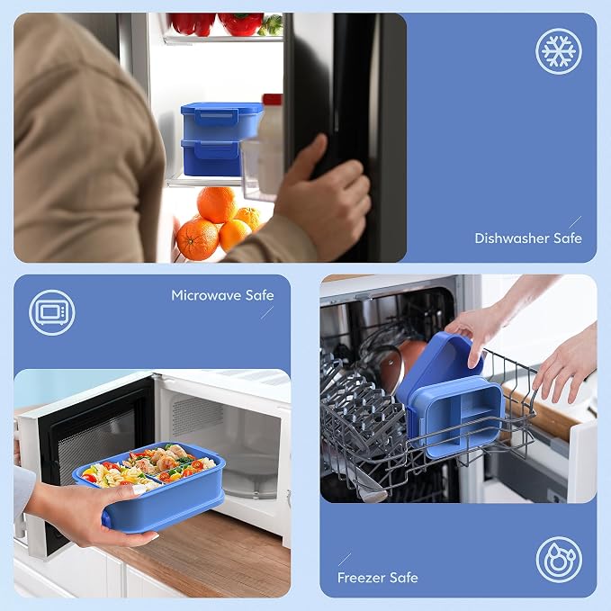Adult Bento Lunch Box - 3 Layers Stackable Bento Lunch Box for Adults, 72oz Large All-in-One Bento Box Leak-Proof Lunch boxes with Utensil Sauce Containers, Ideal for Dining Out,Work, Blue