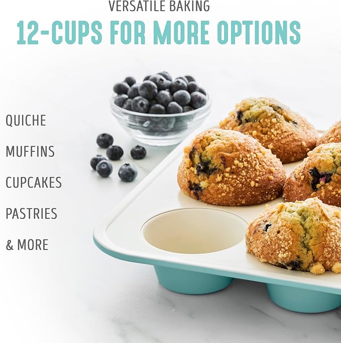 GreenLife 12 Cup Ceramic Nonstick Muffin Pan, Turquoise | 11.4" x 1.9" x 15.9", PFAS-Free Nonstick, Cupcake Tin, Easy Release, Even Heating, Wipe Clean, Heavy Duty, Warp Resistant