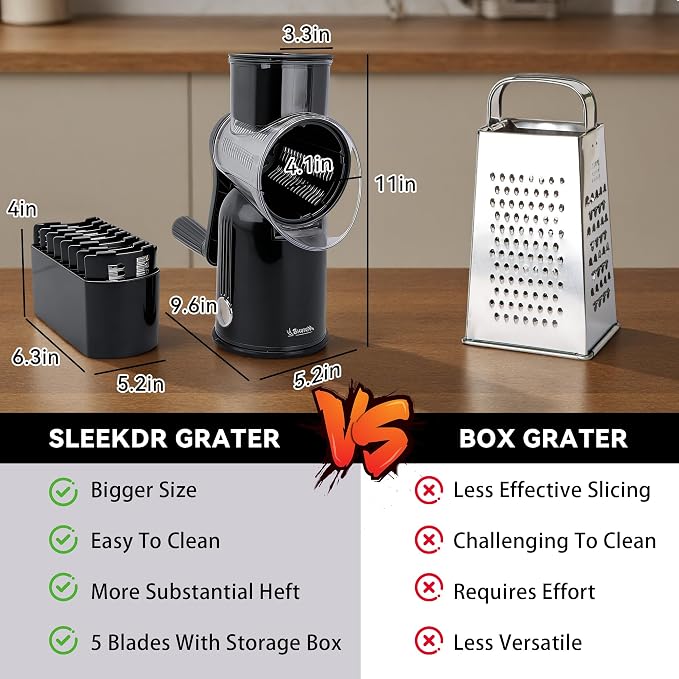 Rotary Cheese Grater with Handle, 5-Blade Cheese Shredder, BPA-Free (Black) | Cheese Grater Hand Crank Slices, Shreds & Grates – Features Strong Suction Base, Stainless-Steel Blades & Easy Clean-Up