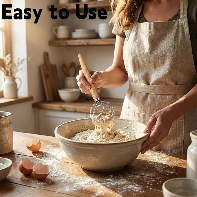 TEEVEA Danish Dough Whisk Wooden Handle Stainless Steel for Sourdough Bread | Dutch Dough Hook, Replaces Hand Mixer and Spoon, Bread Baking Tool, Food Grade Rust Resistant Steel, Non-Stick, Easy to Clean