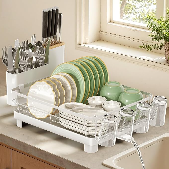 Runnatal Dish Drying Rack with Drainboard for Kitchen Counter and Sink | Large Dish Rack Rustproof Dish Drainer with Detachable 2-in-1 Utensil Holder, Extra Cup Holder, White