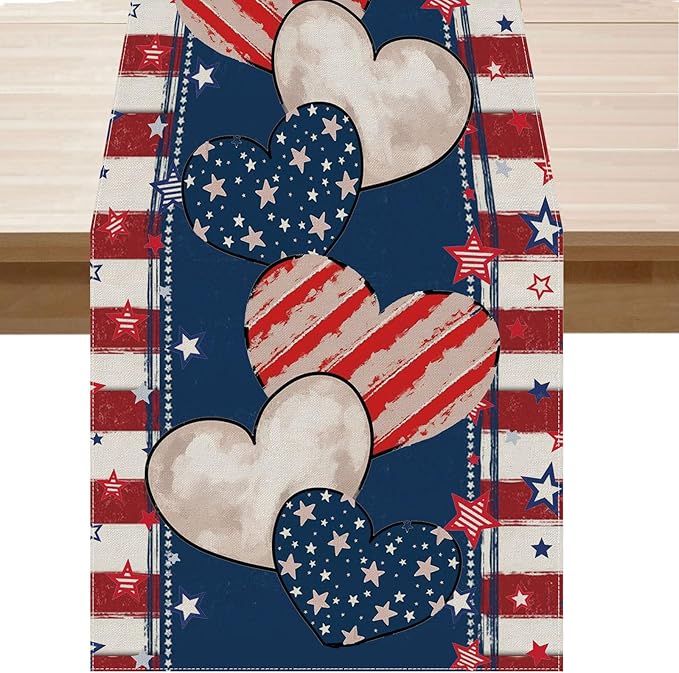 4th of July Table Runner Stripe Stars Heart Memorial Day Independence Day Patriotic America Table Decoration Home Kitchen Dining Indoor Holiday Farmhouse Decor 13x108 Inch