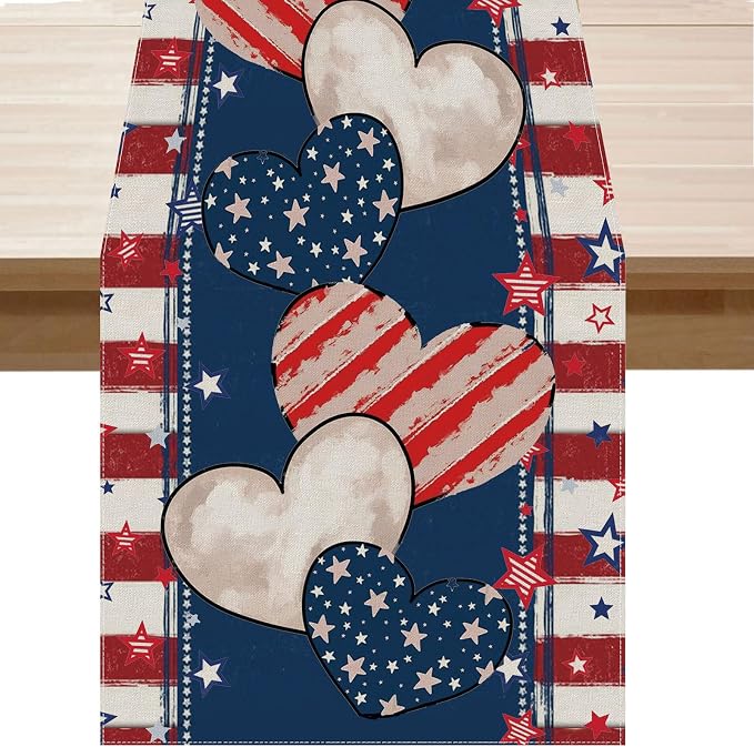 4th of July Table Runner Stripe Stars Heart Memorial Day Independence Day Patriotic America Table Decoration Home Kitchen Dining Indoor Holiday Farmhouse Decor 13x90 Inch