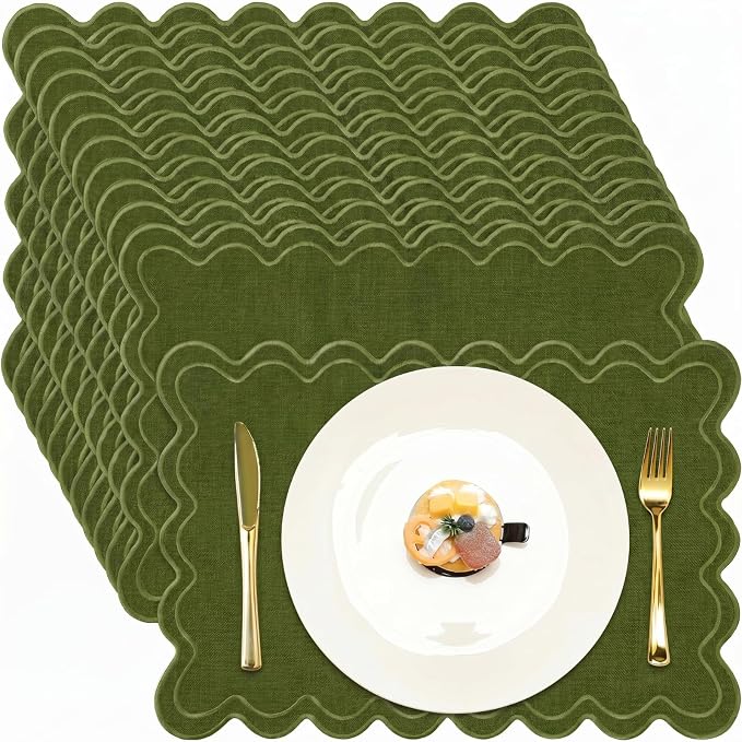 Linen Placemats Set of 12 Scalloped Placemat 13 X19 Wavy Embroidery Double Layered Washable Farmhouse Dinner Fabric Table Mat Napkin for Wedding Party Restaurant (Regular,Moss Green)