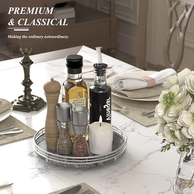 AHM10-Inch Gray Marble Lazy Susan with Silver Iron Frame | Smooth rotating oak tray with walnut finish for dining tables, kitchen counters, pantries and cabinet storage.