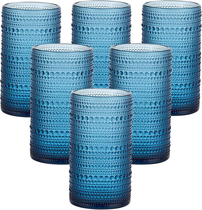 16oz Hobnail Drinking Glasses, Set of 6 Blue Tumblers | Vintage embossed large capacity highball glasses for water, cocktail, beer, whiskey, juice and bar use
