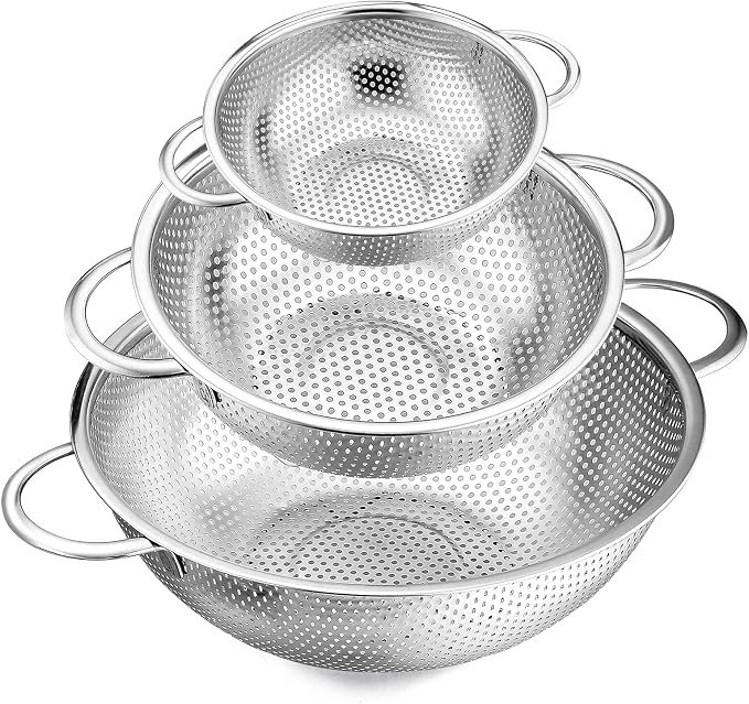 E-far Stainless Steel Colander Set of 3 (1-3-5Quart), Micro-Perforated Metal Colander Strainer with Handle for Kitchen/Draining Pasta/Rinsing Vegetables Fruits, Heavy Duty & Dishwasher Safe