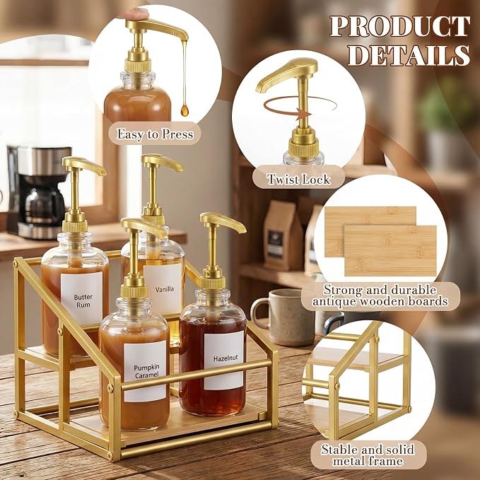 Coffee Bar Accessories, 4 Pack 16.9oz/500ml Gold Syrup Dispenser with 1/4oz Pump, 2-Tier Syrup Rack Organizer, Labels, Straw Brushes, Funnels for Kitchen Countertop, Wine, Dressing Storage