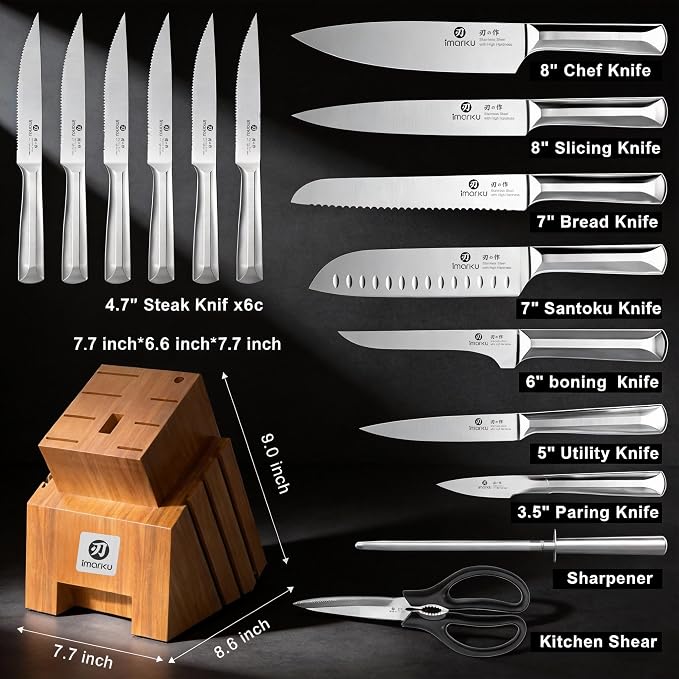 imarku 16PCS Stainless Steel Knife Set, Full Tang Design with Wooden Block | Knife Set With Block And Sharpener, High Carbon Stainless Steel Blades, Ergonomic Non-Slip Handles, Dishwasher Safe Design