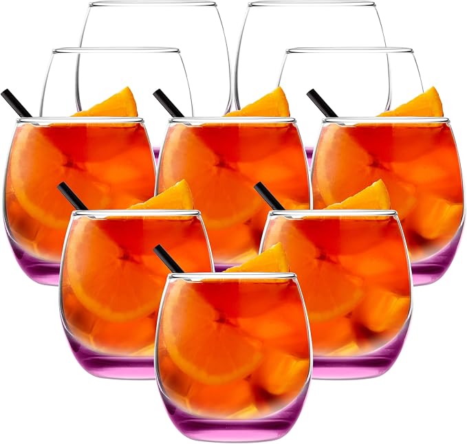 DISCOUNT PROMOS Mikonos Stemless Wine Glasses 11.5 oz. Set of 10, Bulk Pack - Restaurant Glassware, Perfect for Red Wine, White Wine, Cocktails - Pink Bottom Color