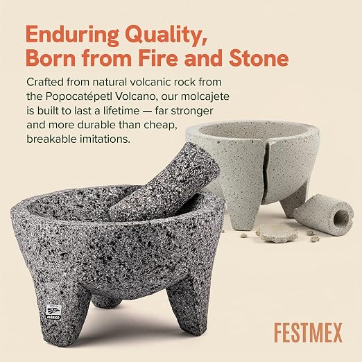 Genuine Handmade Mexican Mortar and Pestle Set- 8 Inches, Molcajete Mexicano — Mexican Cookware Perfect as Salsa Bowls, Guacamole Bowl and Masher, Mortero Para Cocina made from Volcanic Rock in Mexico