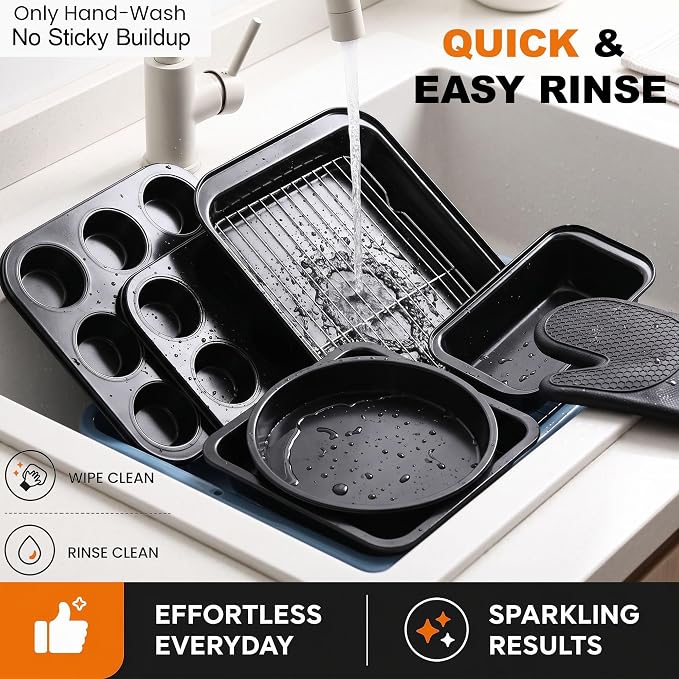 Nonstick Carbon Steel Bakeware Set – Stackable Baking Pans with Cookie Sheet, Muffin Pan, Loaf Pan, Cake Pan & Roasting Pan, Oven Safe to 450°F, (10)