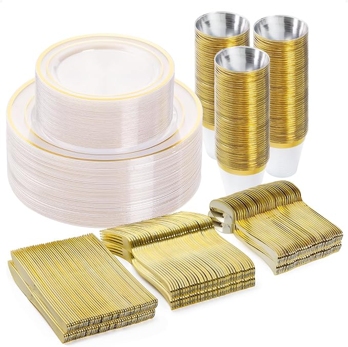 BESTVIP 300PCS Plastic Dinnerware Set, Clear Gold Disposable Plates | for Party, Wedding, Anniversary, Includes: Dinner Plates, Dessert Plates, Cups, Spoons, Forks and Knives(50 Guests)