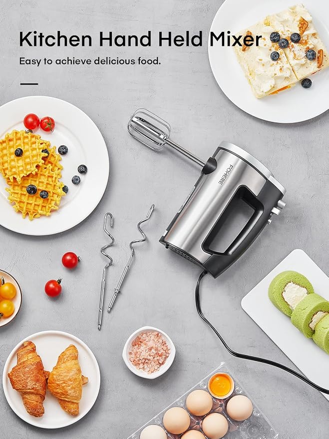 Hand Mixer Electric Handheld, 6 Speed & Turbo Electric Mixer, 300W Handheld Mixer with 2 Stainless Steel Whisk and 2 Dough Hook for Whipping, Mixing Cookies, Brownie, Cakes, Dough Batters, Silver