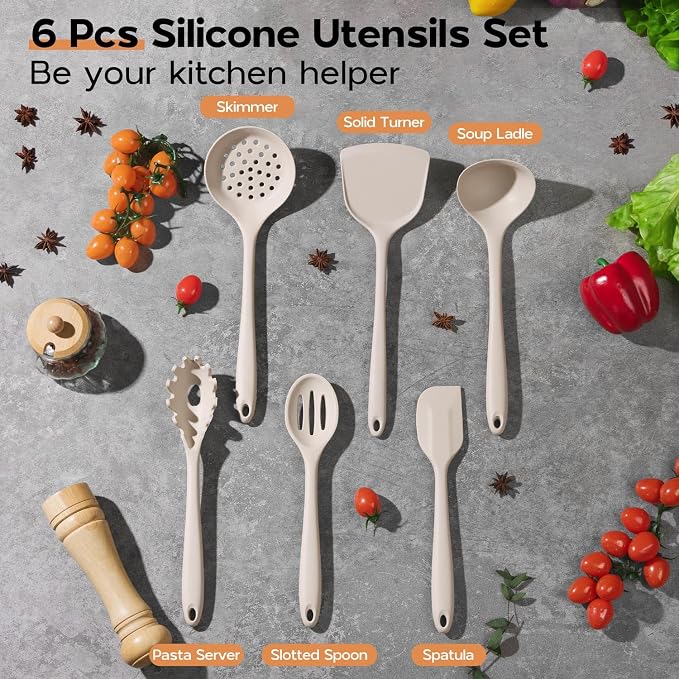 Onader Kitchen Utensils Set, Silicone Non Toxic Cooking Utensils, Khaki | 6 Pcs Heat Resistant Kitchen Gadgets Set for Nonstick Cookware, Dishwasher Safe