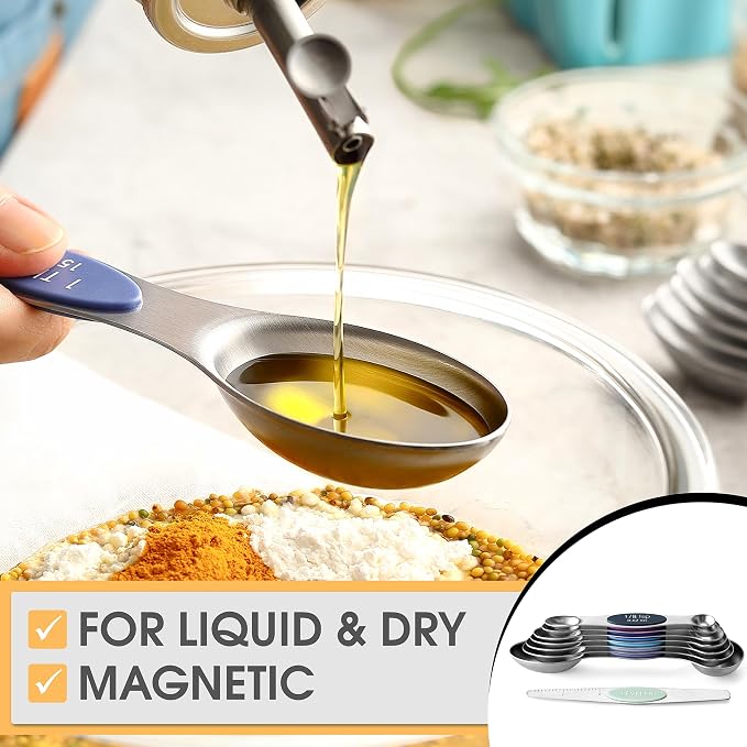 Spring Chef Stainless Steel 8 Magnetic Measuring Spoons Set, Winter Frost | Dual Sided Metal Teaspoon & Tablespoon Measuring Spoons with Leveler for Dry & Liquid Ingredients, Fits in Kitchen Spice Jars