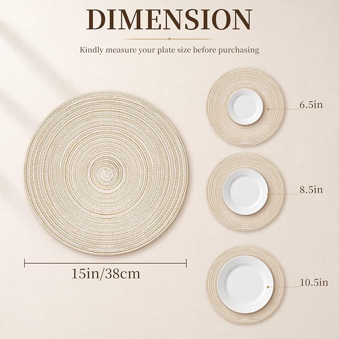 TaroKitc 15 in Round Placemats Set of 8, Washable Woven Placemats Heat Resistant Cotton Polyester Braided Table Mat, Non-Slip Circle Place Mats for Kitchen Dining Table Decor - Beige