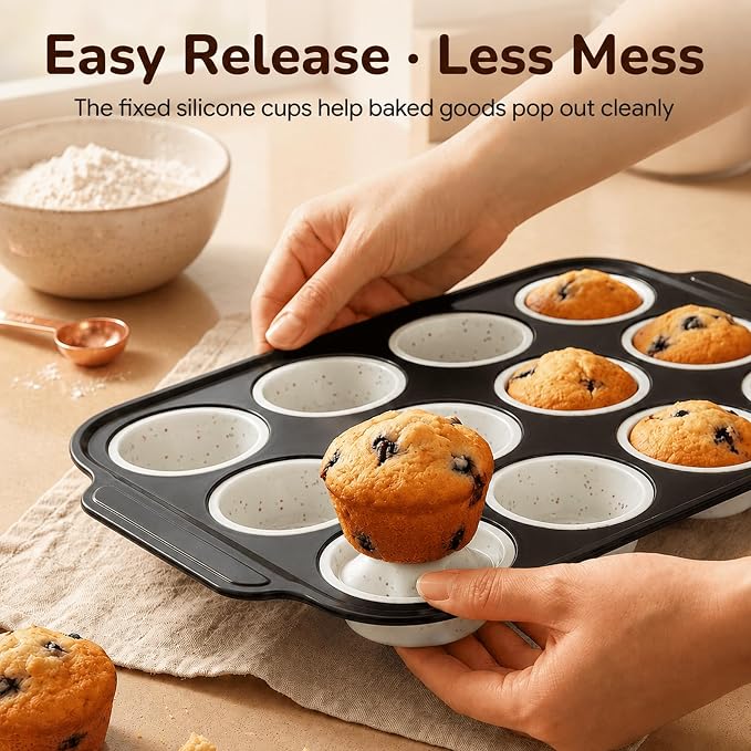 Silicone Muffin Pans for Baking, 12-Cup Muffin Tin with Metal Frame | Reinforced Metal Frame, 12-Cup Size, Easy Release Cups, Nonstick Silicone, Oven & Dishwasher Safe