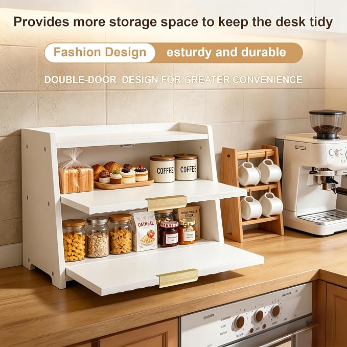 Large Bread Box, White, Double Layer Wooden | Top Shelf, Countertop Organizer Cabinet, For Bread & Coffee Station, Kitchen Essentials Storage
