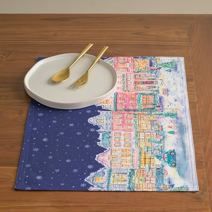 Maison d' Hermine Placemats Set of 4 Reusable 100% Cotton (13"x19") | Cloth Place Mats Washable Table Mats for Kitchen Dining Party Wedding Home Thanksgiving Christmas - Christmas Market - Blue