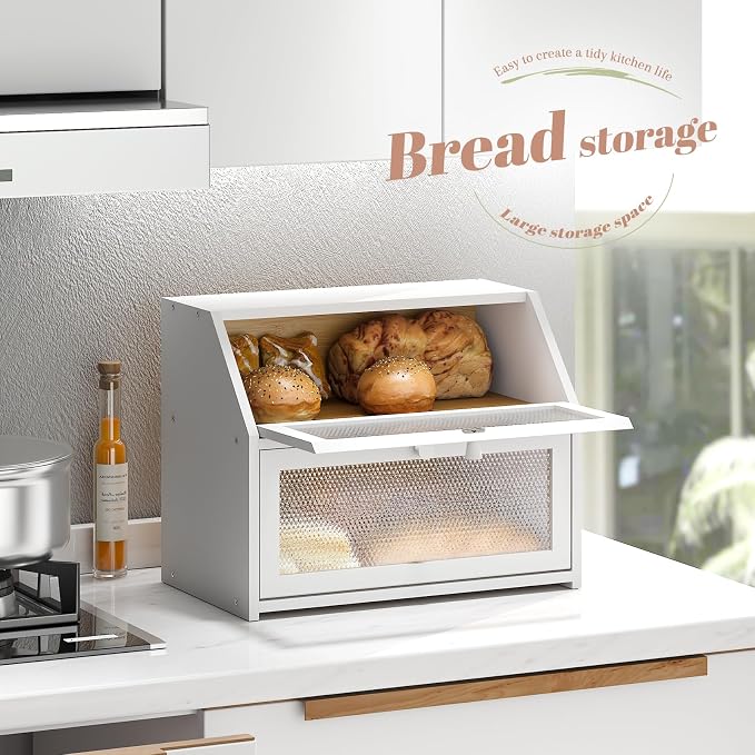 STDDRE Bread Box for Kitchen Countertop Bin Double Layer Bread Box Storage Container Extra Large Capacity Farmhouse with Diamond Pattern Windows (White, Large)