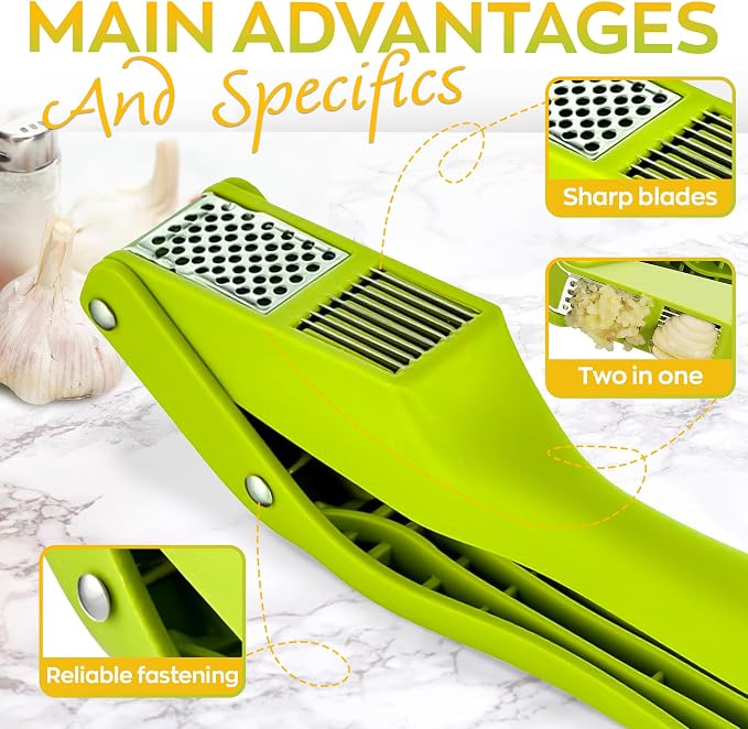 2 in 1 Garlic Slicer and Press, Stainless Steel with Durable Plastic | Multipurpose Garlic Press and Slicer Cuts Cloves Thin - 7.6 x 1.7 x 2.5 In, Easy to Use & Clean for Kitchen, Cafe, Deli Prep