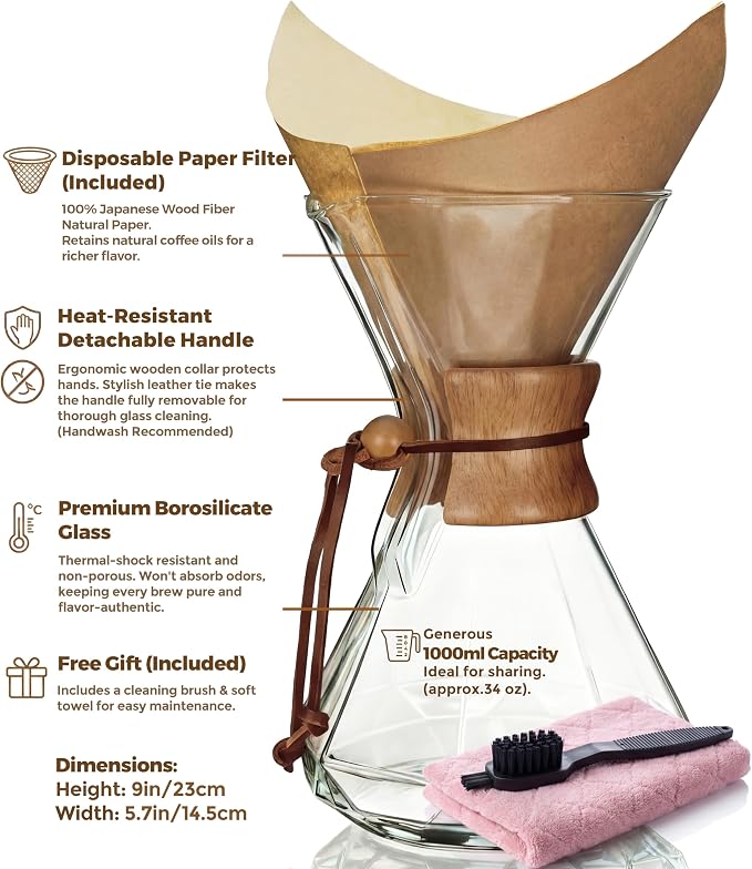 AGOGO Pour Over Coffee Maker Set, 34oz Diamond Style, 50 Paper Filters | Barista kit for home kitchen, Cafe, Camping & Office; 20oz-40oz Classic, Slim, Diamond styles; Includes brush & towel.