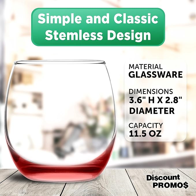DISCOUNT PROMOS Mikonos Stemless Wine Glasses 11.5 oz. Set of 10, Bulk Pack - Restaurant Glassware, Perfect for Red Wine, White Wine, Cocktails - Red Bottom Color