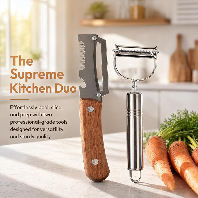 2PCS Multifunctional Julienne Vegetable Peeler for Potato Carrot | Ergonomic Wooden Handle & Bottle Opener, Ultra Sharp Stainless Steel for Kitchen, Veggies, Carrot, Hard Skin Pumpkin, Brown