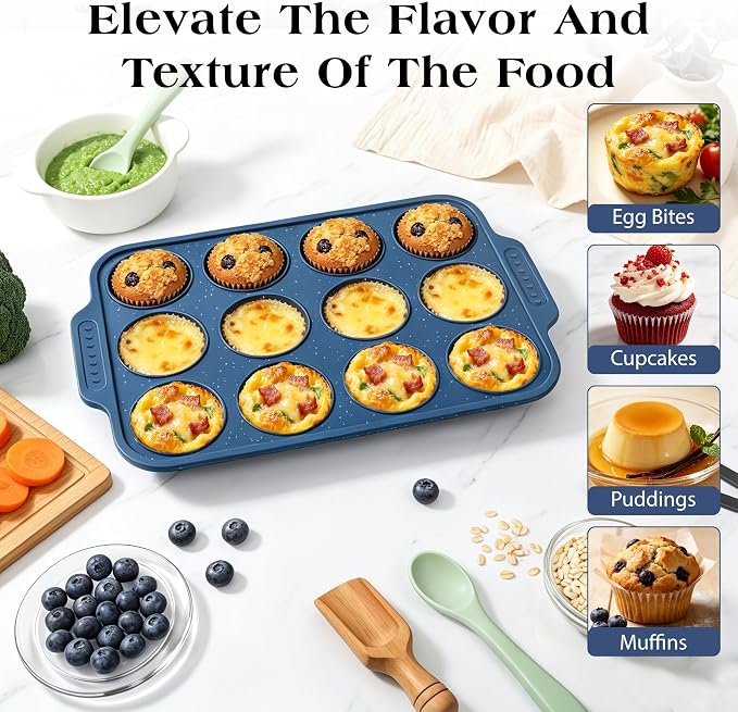 Silicone Muffin Pans for Baking with Metal Reinforced Frame | Nonstick 12-Cup Regular Size Cupcake Tray for Egg Bites, Muffins & Cupcakes, Dishwasher Safe, Titan Blue, Set of 2